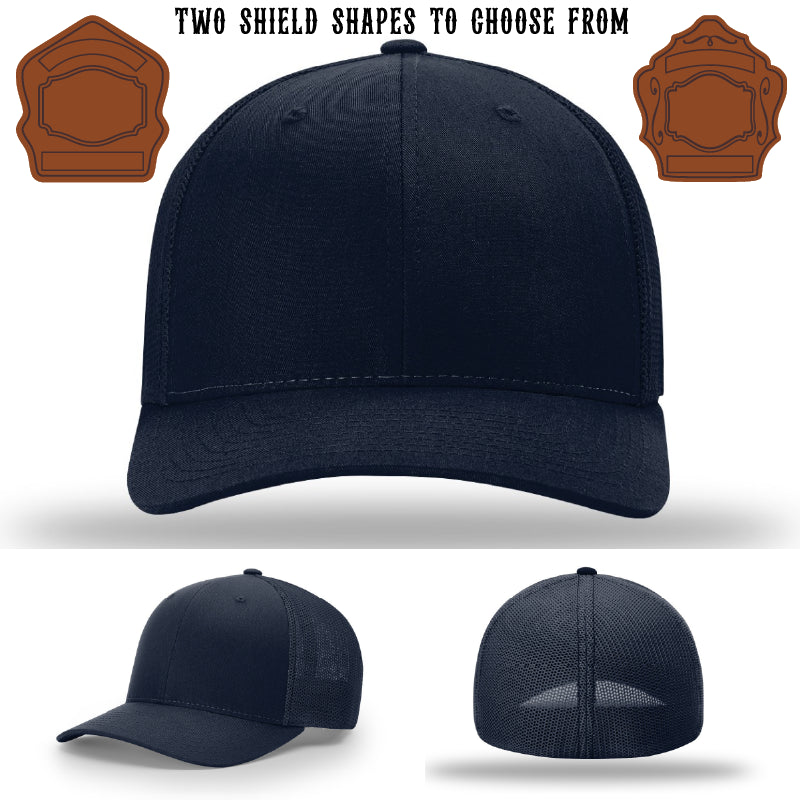 Fire department hat showing two shield patch examples