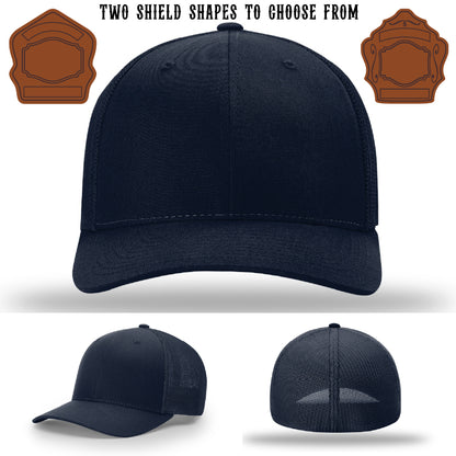 Fire department hat showing two shield patch examples