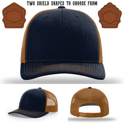Custom firefighter hat with two shield patch shape samples