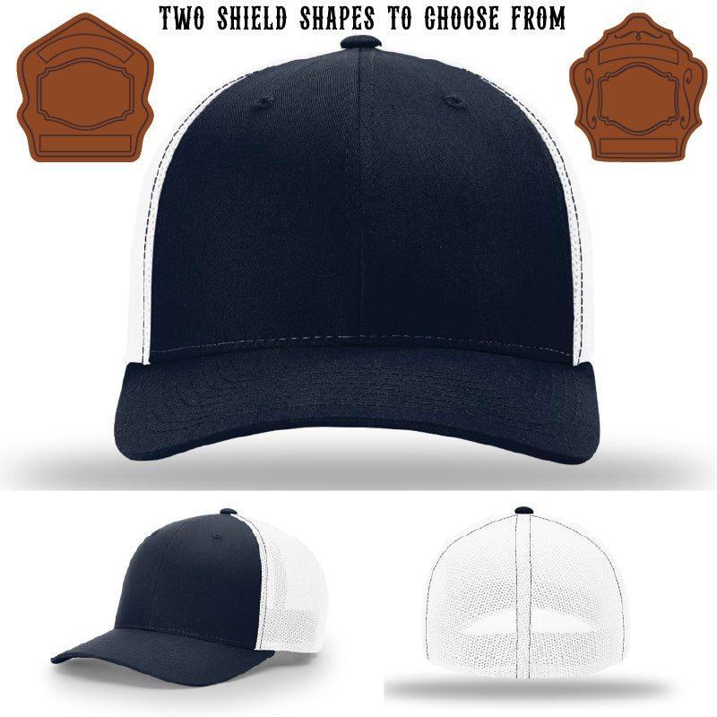 Station hat featuring two firefighter shield patch designs