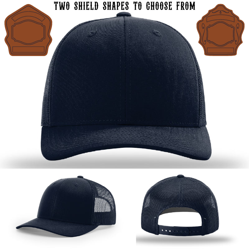 Custom firefighter hat with two shield patch variations