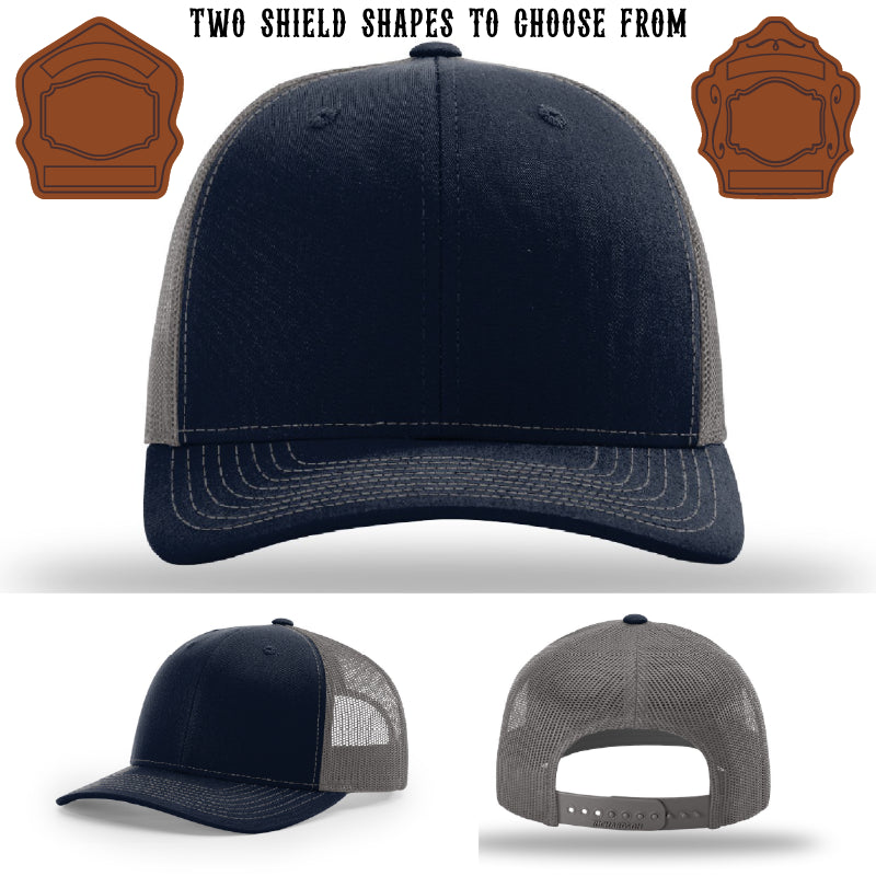 Fire department hat showing two customizable shield patches