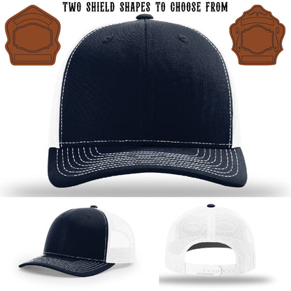 Firefighter hat featuring two shield patch shape designs