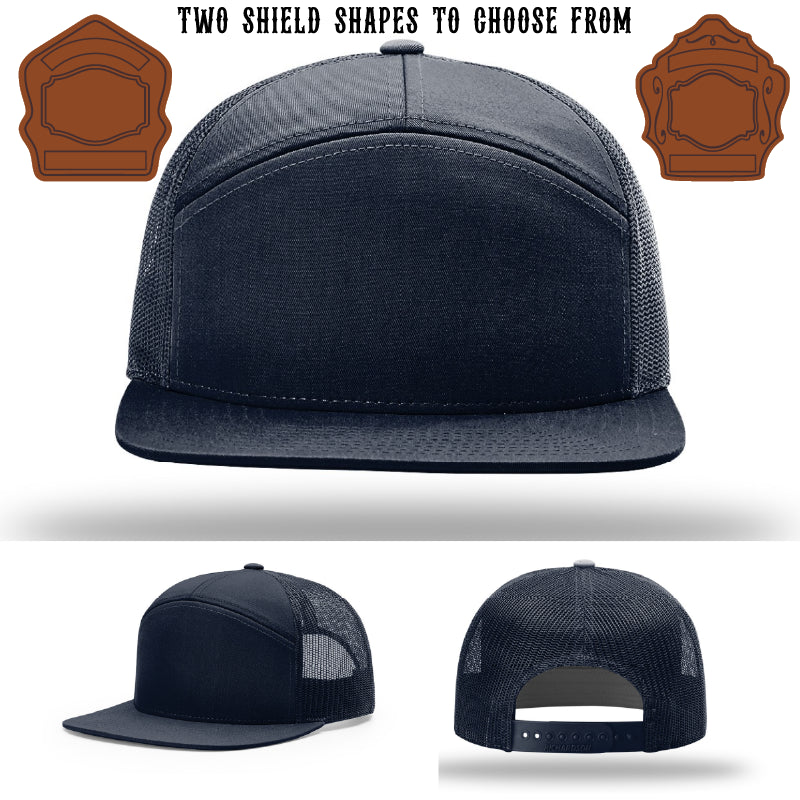 Station hat with two leather shield patch customization options