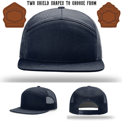 Station hat with two leather shield patch customization options