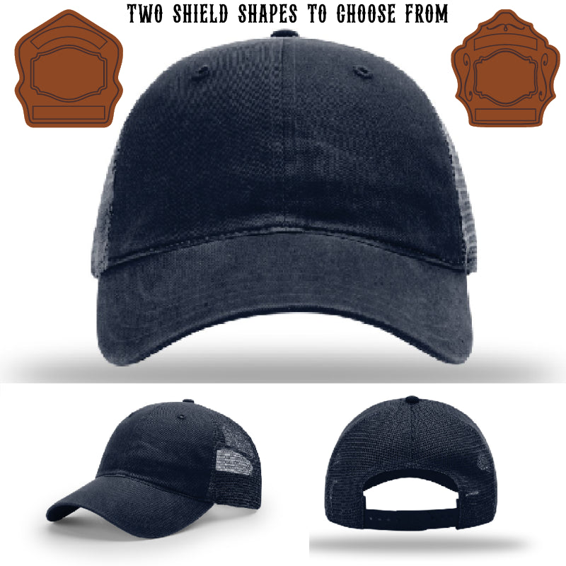 Custom firefighter hat showing two shield patch shapes