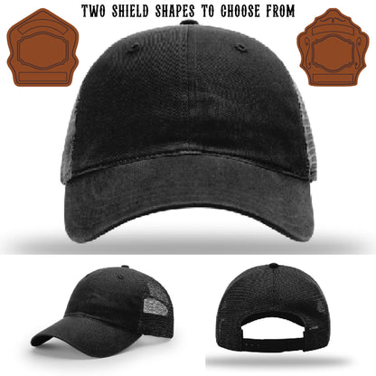 Station hat with two shield patch shape variations