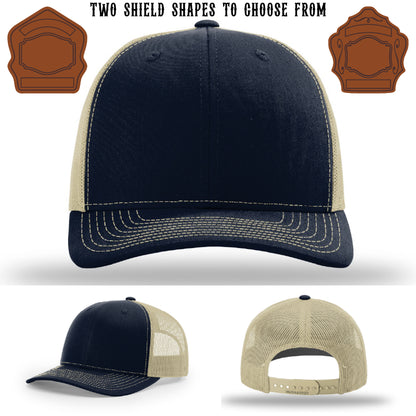 Firefighter hat with two firefighter shield patch examples