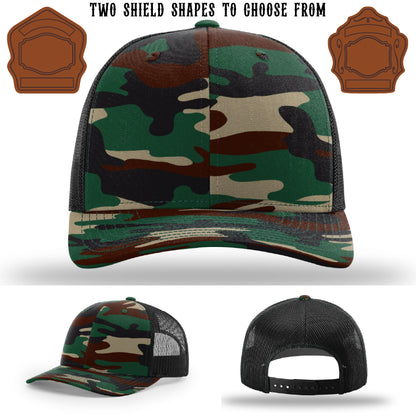 Station hat displaying two shield patch variations