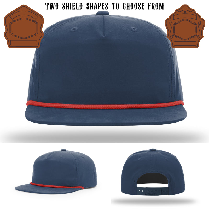 Fire department hat with two leather shield patch designs