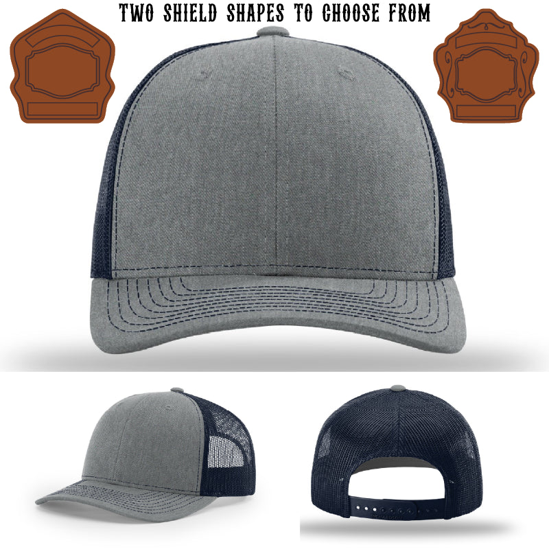 Custom firefighter hat with two traditional shield patches
