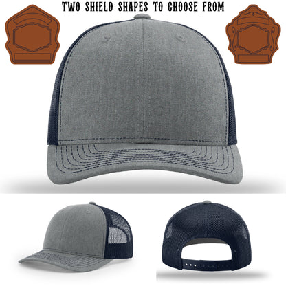 Custom firefighter hat with two traditional shield patches
