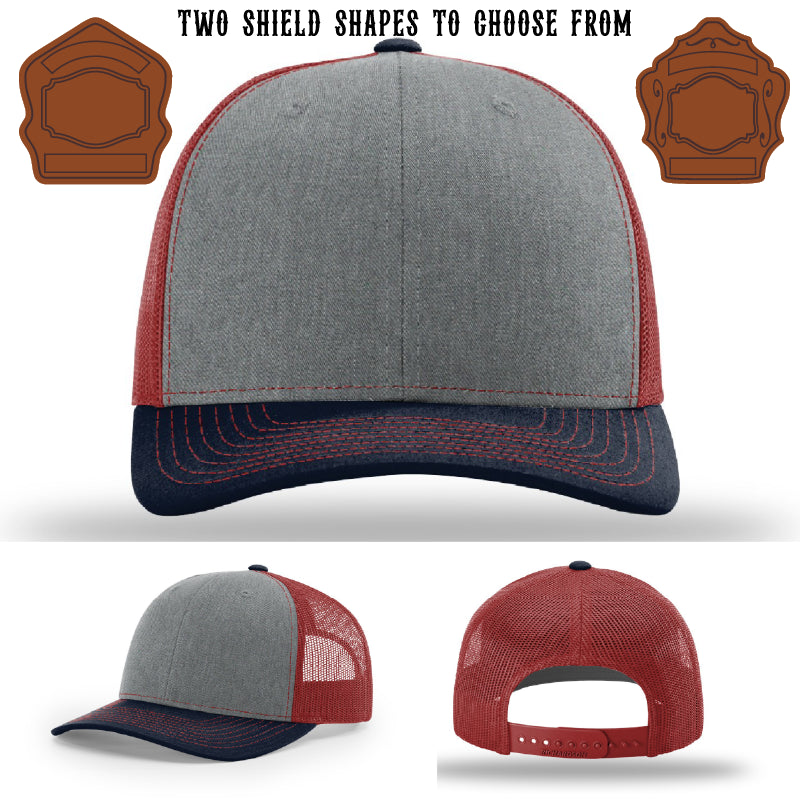 Firefighter hat showing two customizable shield patch layouts