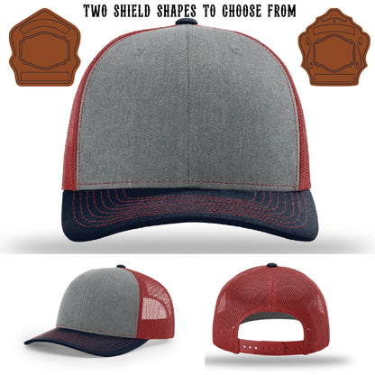Firefighter hat showing two customizable shield patch layouts