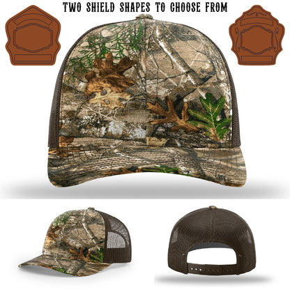 Station hat with two firefighter shield patch style examples