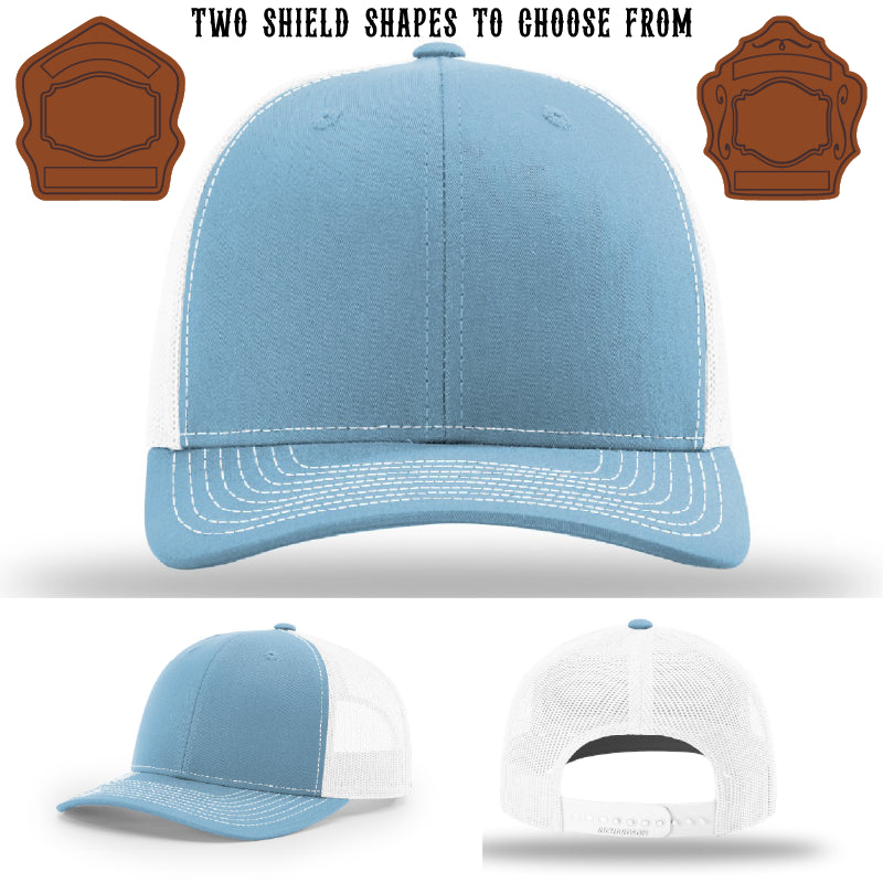Custom firefighter hat featuring two shield patch shape options