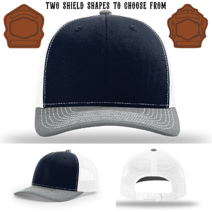 Firehouse station hat featuring two leather shield patch styles