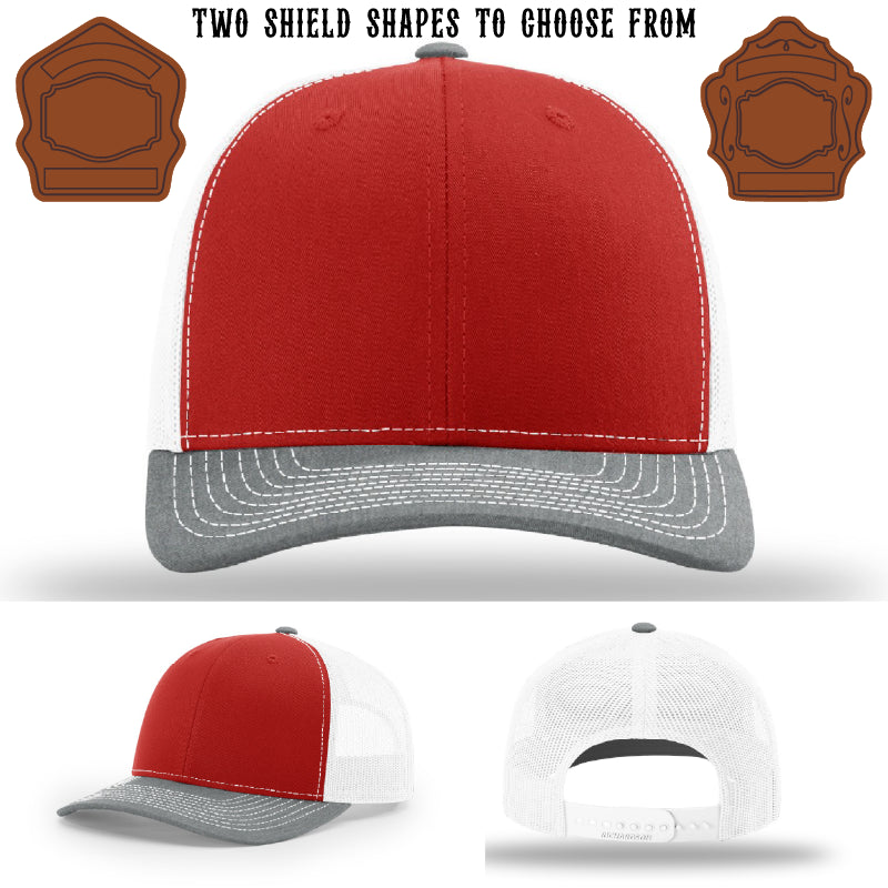 Firefighter hat with two shield patch layout examples