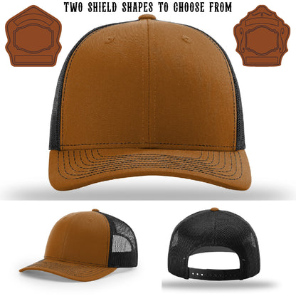 Custom firefighter hat showing two shield patch layouts