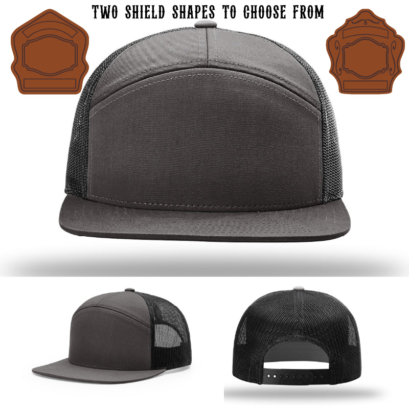Firefighter hat displaying two shield patch shape samples