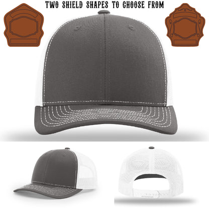 Custom firefighter hat with two leather shield patch styles