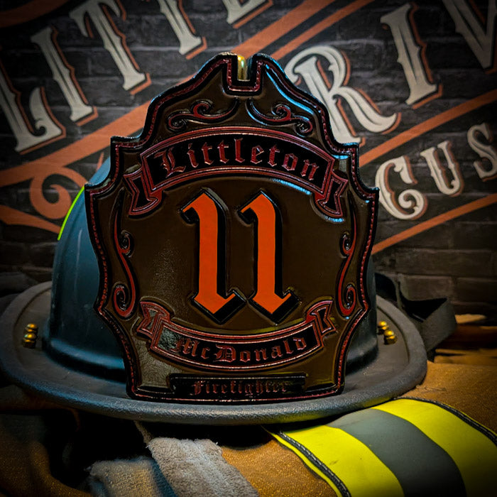 Custom Smoke Eater leather fire helmet shield