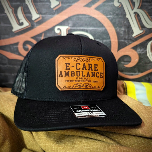 Custom EMS leather patch hat with passport style design front view