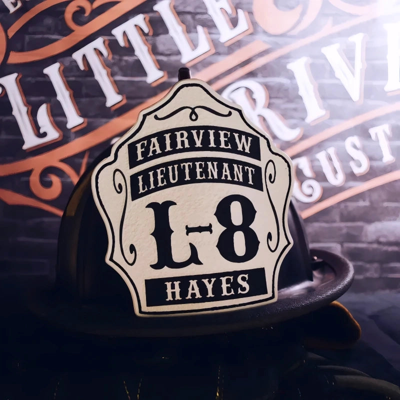 custom firefighter shield displayed with clear identity layout