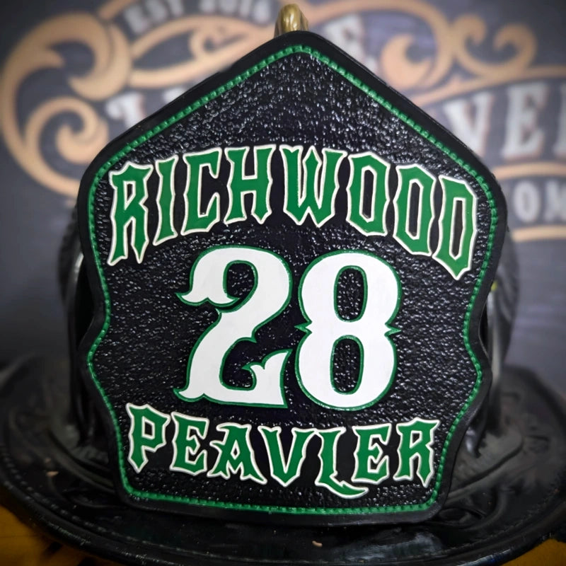 custom fire helmet shield shown in a strong identity format