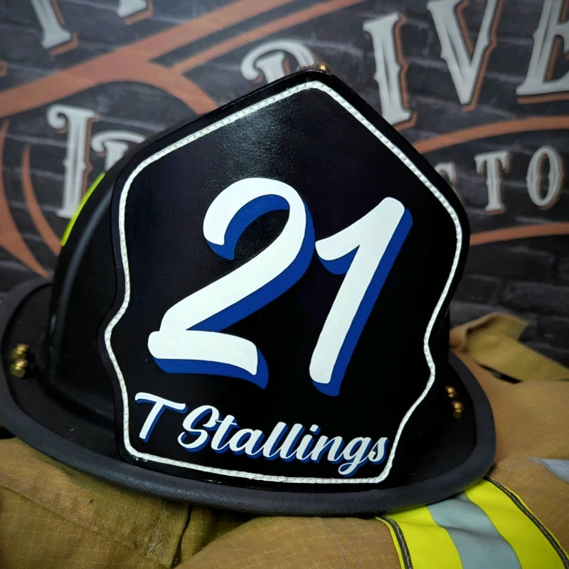 fire helmet shield shown with a structured firefighter layout