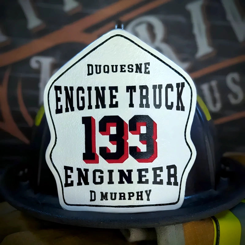 custom firefighter shield shown in a confident product view