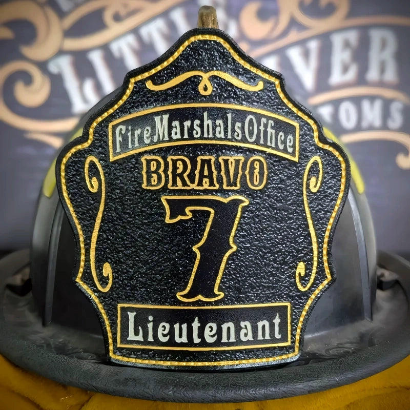 custom helmet front displayed with disciplined firefighter tone