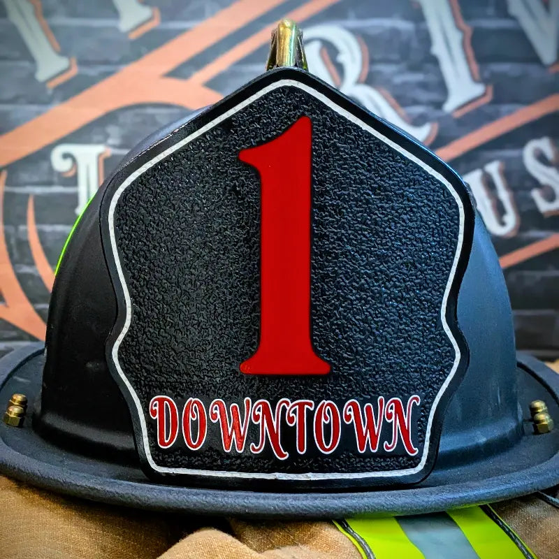 fire helmet shield shown with a bold fire service feel