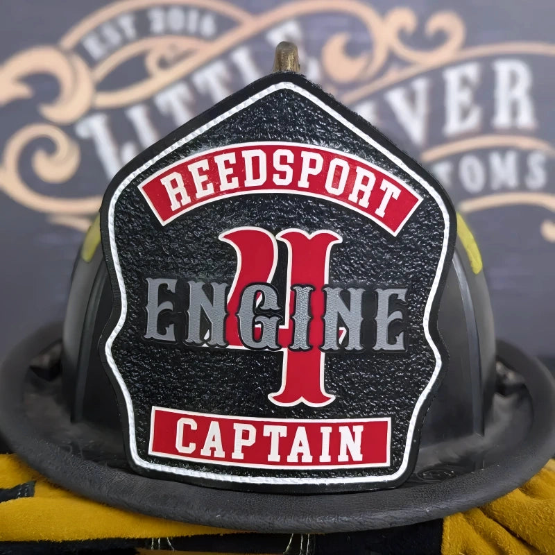 fire helmet front displayed with rugged firefighter consistency