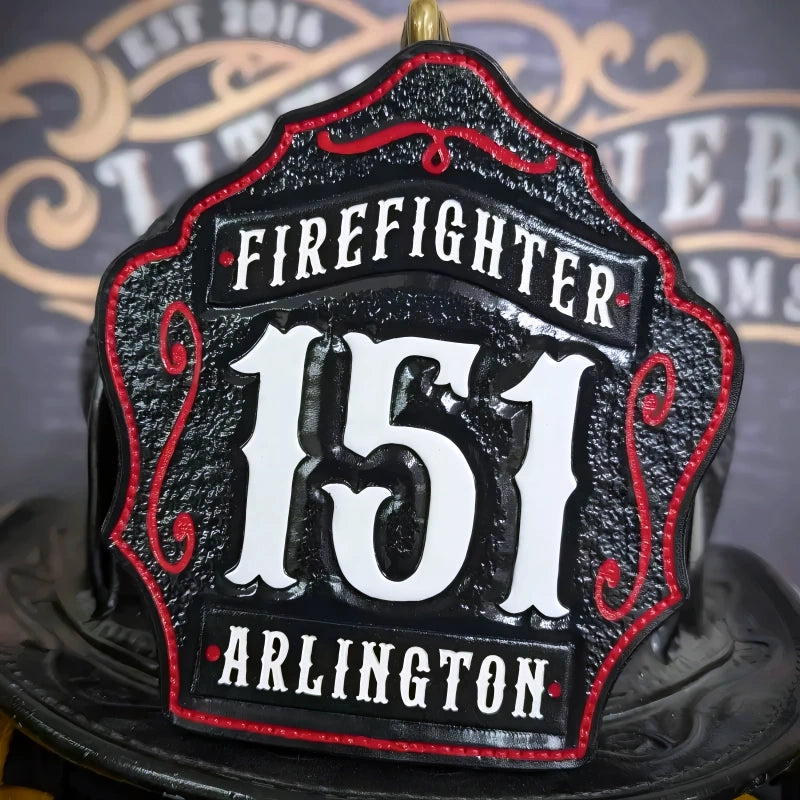 custom firefighter shield shown naturally for design clarity