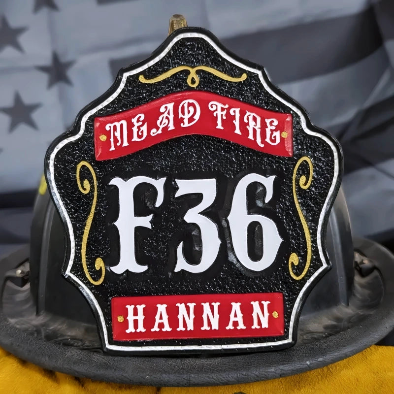 custom fire helmet front displayed in natural strong lighting