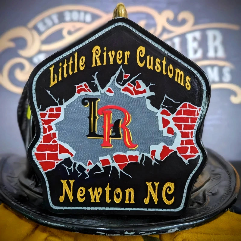 custom fire helmet shield shown for clear department identity