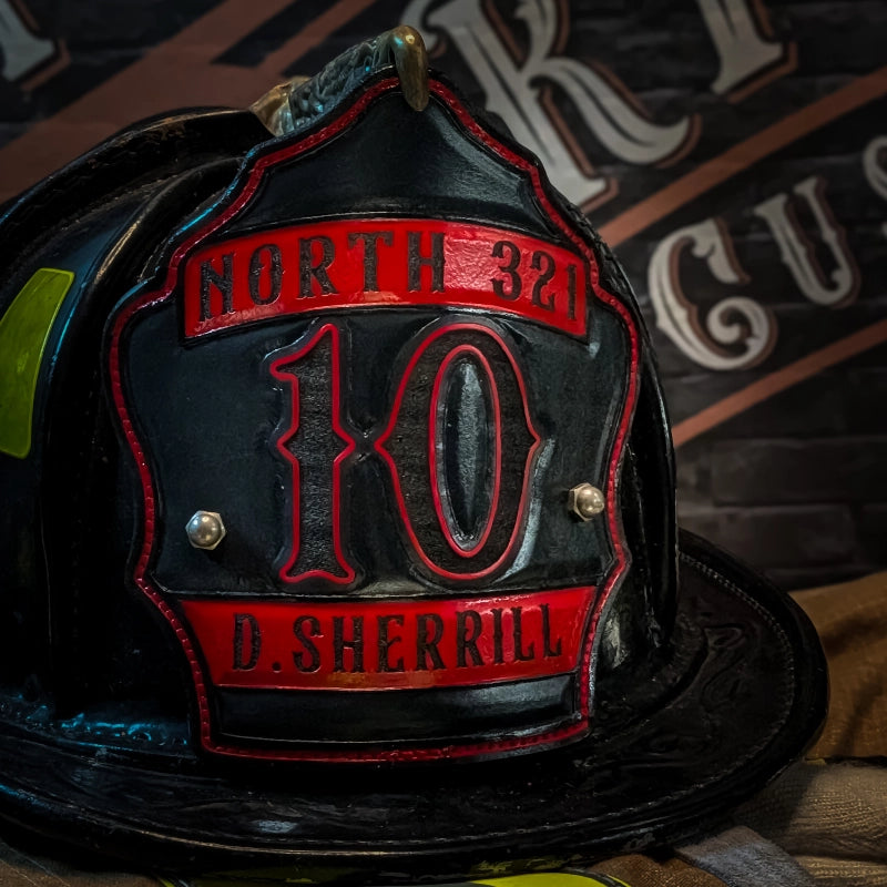 firefighter helmet front displayed naturally for recognition purposes
