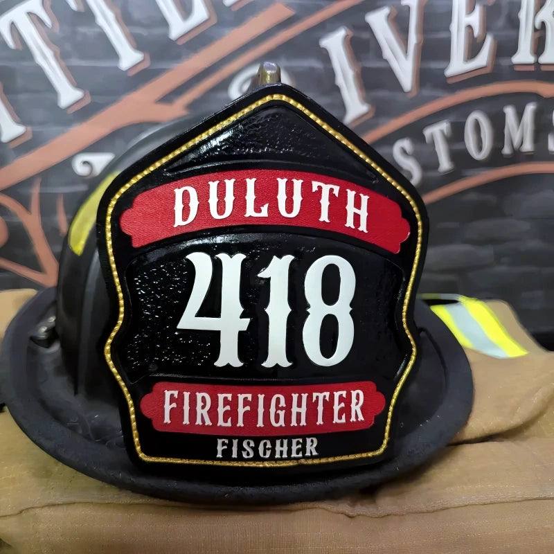 fire helmet shield shown with authentic firefighter structure