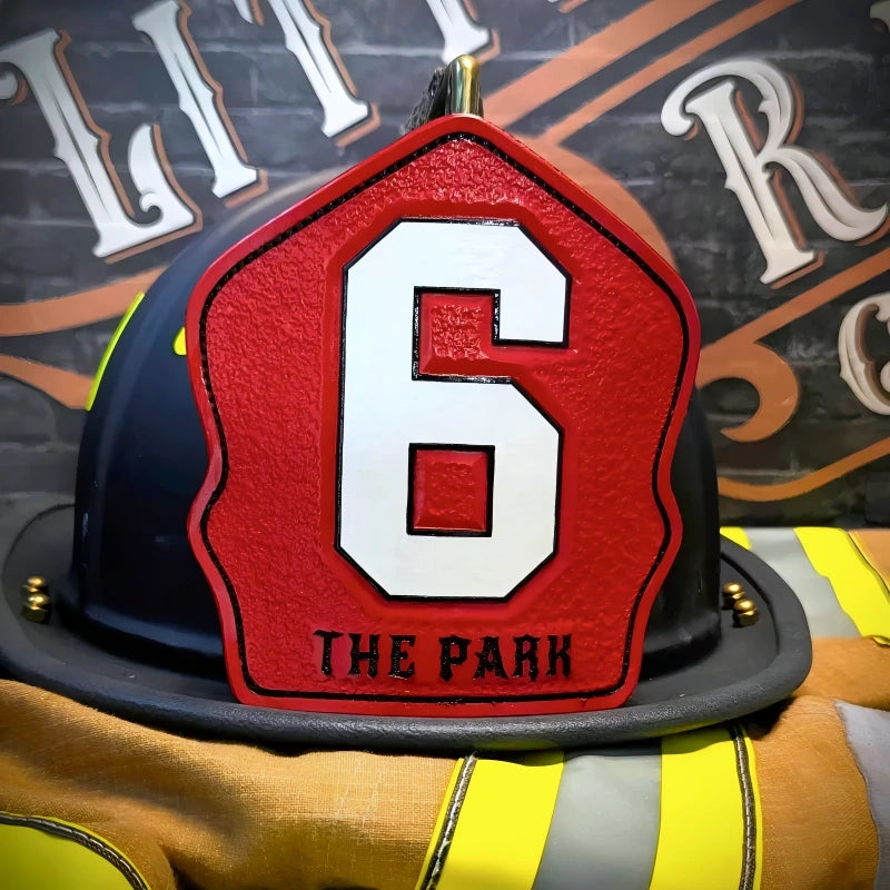 fire helmet front shown with traditional shield layout