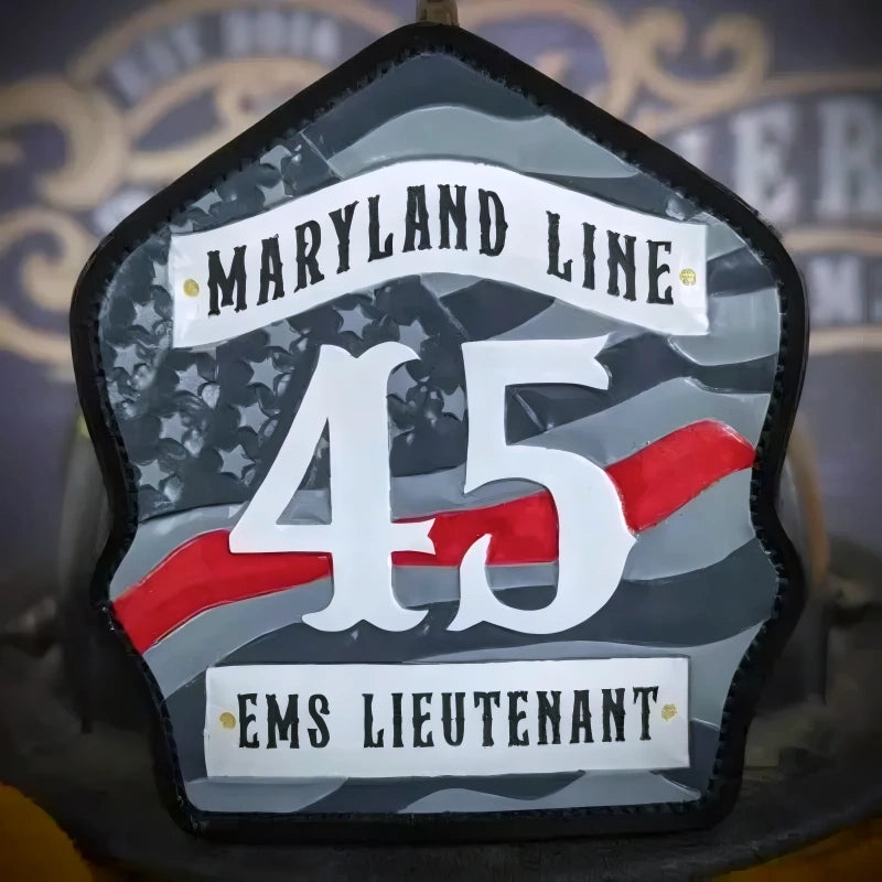 fire helmet front shown with authentic firefighter character