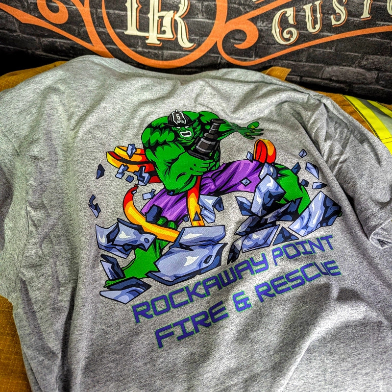 Custom fire department shirt featuring logo design for station and crew identity