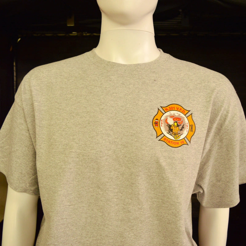 Professional firefighter t shirt customized with department number and crew emblem