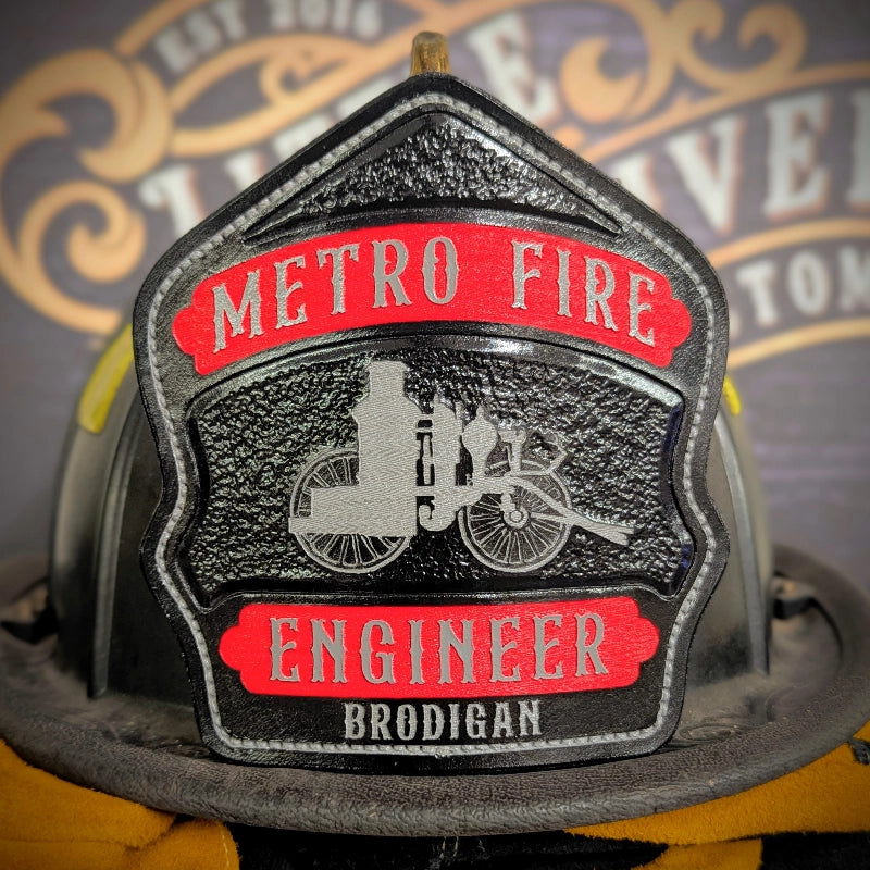 custom leather helmet shield created for department pride