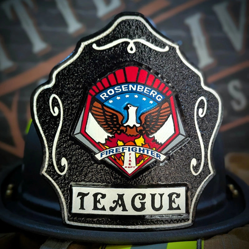 firefighter helmet shield showing full custom leather work