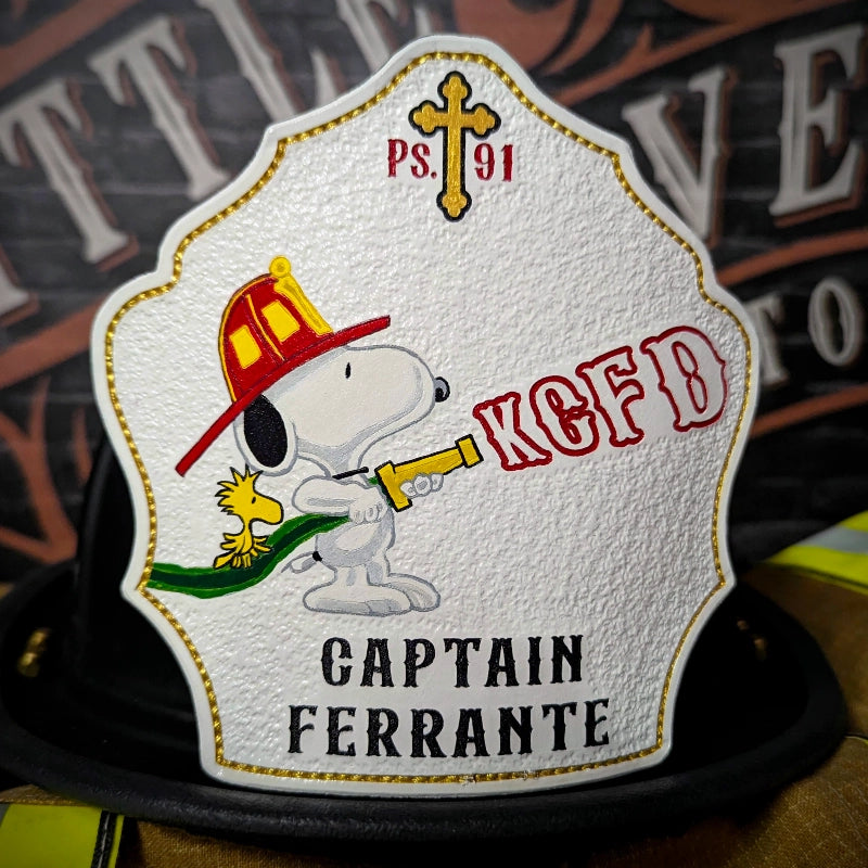 firefighter helmet shield featuring a custom leather design