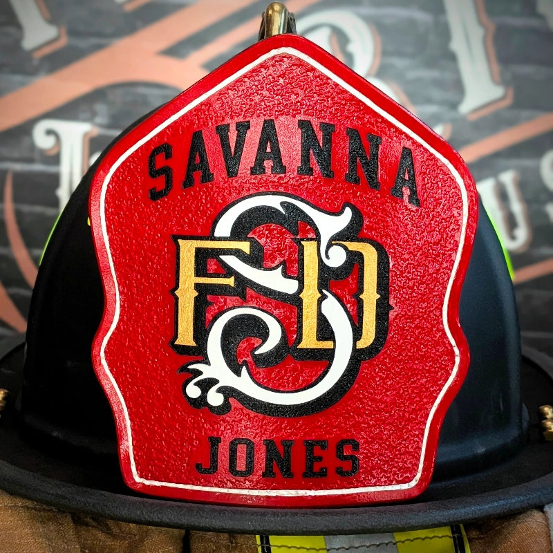 full custom leather helmet shield built for fire service use
