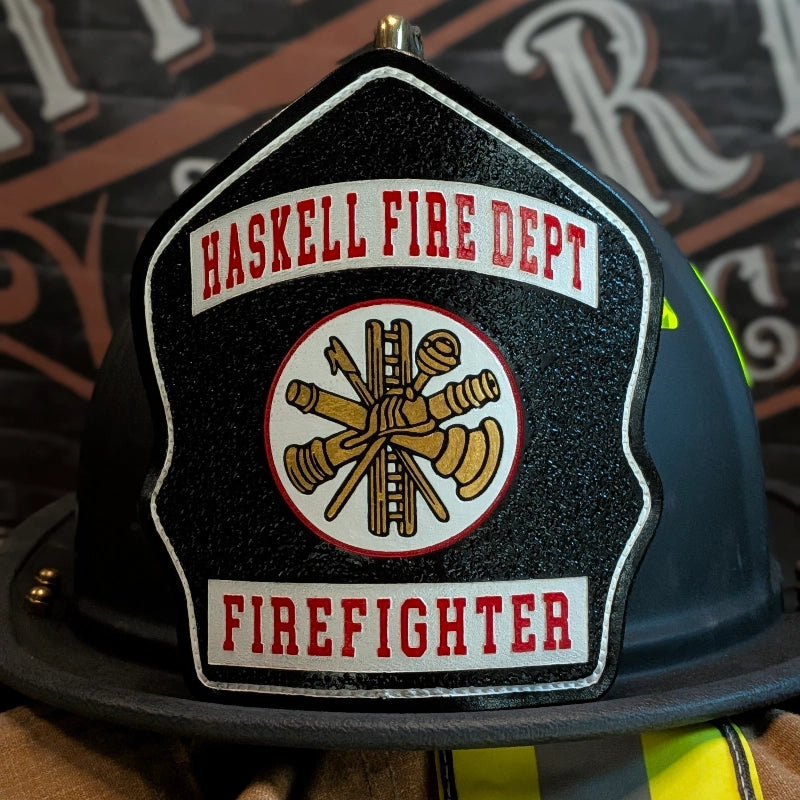 firefighter helmet shield made from custom leather layout