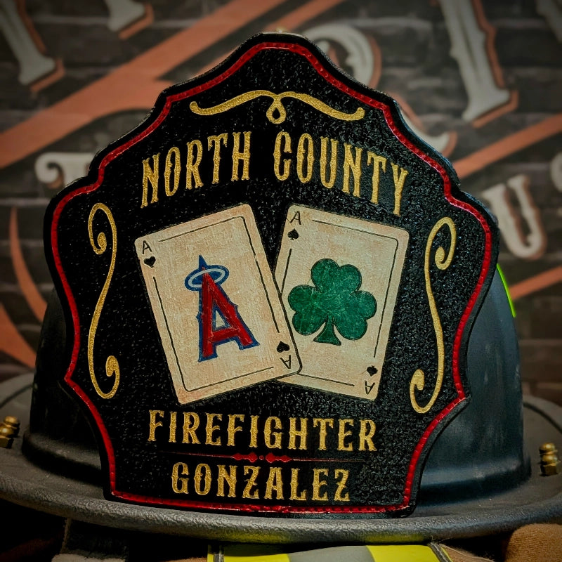 custom leather helmet shield created for department identity