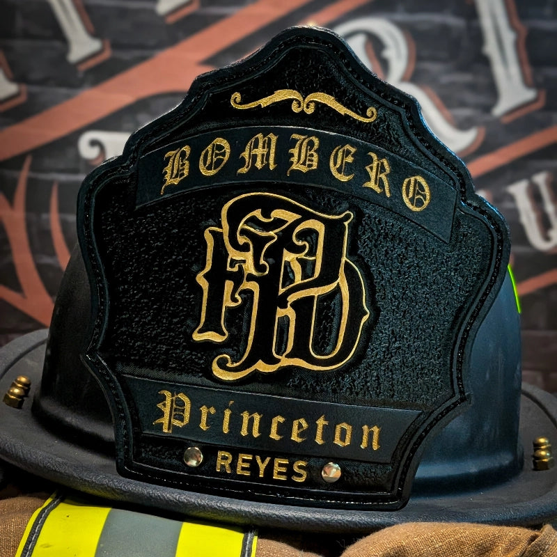 Alt textcustom leather firefighter helmet shield with one off design